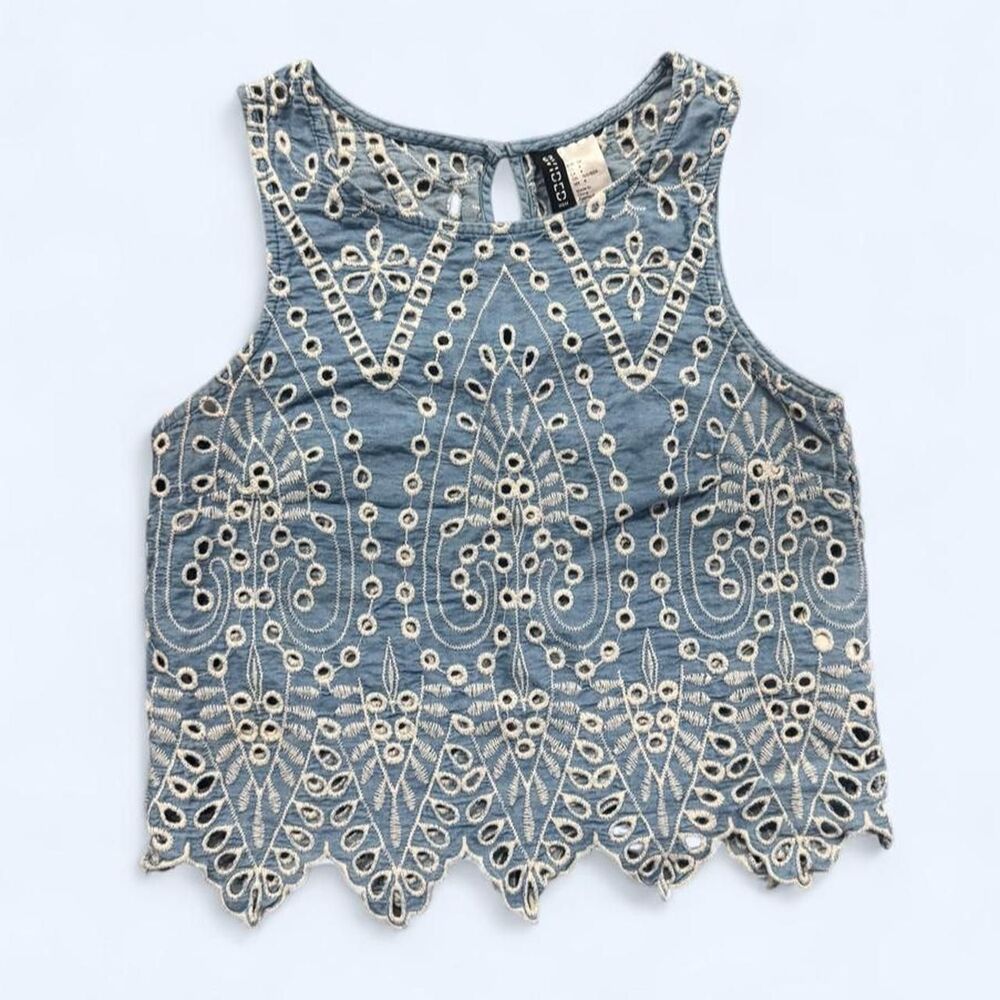 Divided H&M Women's Blue Denim White Eyelet Embroidered Crop-top